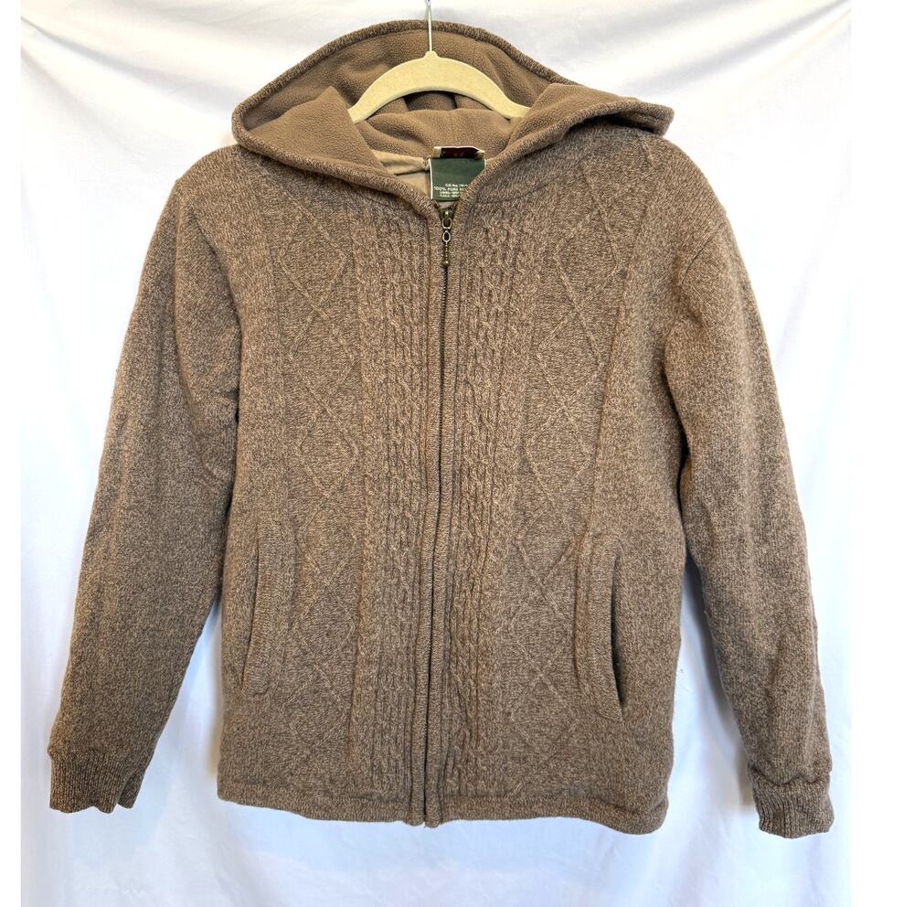 Carraig Donn Ireland Cable Knit Wool Zip Up Hoodie Sweater, Oatmeal Tan, Small
